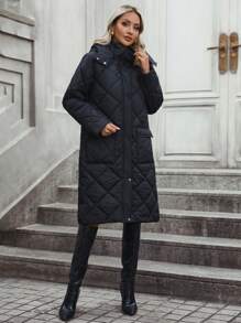 SHEIN LUNE 带盖口袋连帽绗缝加厚外套 冬季服装 - 黑色 - 查看 4