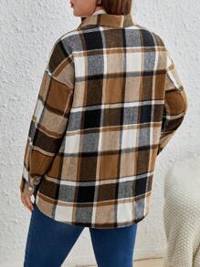 SHEIN Frenchy Plus Plaid Print Drop Shoulder Coat Winter Fall Autumn - Khaki - View 2