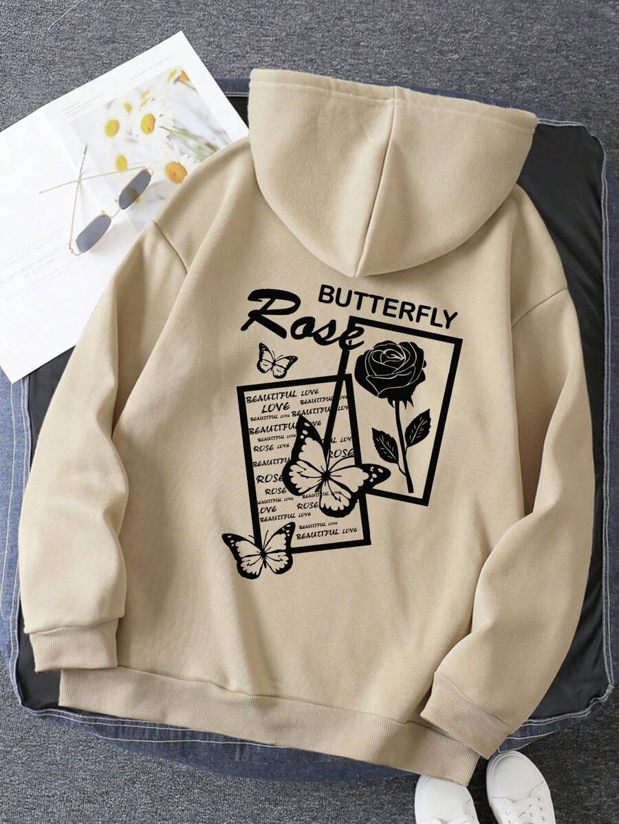 SHEIN EZwear Floral And Letter Graphic Drawstring Thermal Lined Hoodie - Khaki - View 1