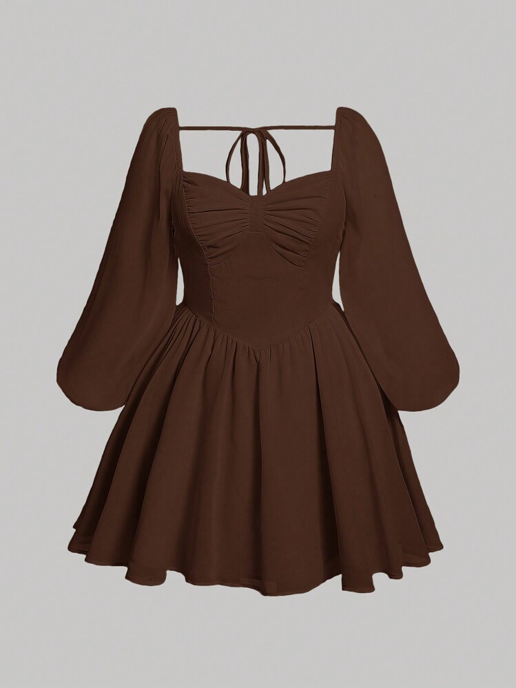 SHEIN MOD Hơn Buộc lại Tay áo lồng đèn Nếp gấp Phần Ngực Đầm - Màu nâu Sô-cô-la - Xem 3