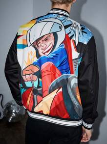 Manfinity VCAY Men's Oversized Figure Graphic Striped Trim Bomber Jacket Without Hoodie, For Fall Winter - Black - View 3