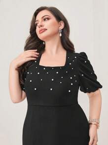 Modelyn Plus Pearls Beaded Puff Sleeve Mermaid Hem Dress