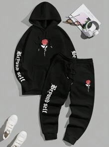Manfinity VCAY Men Floral & Letter Graphic Drawstring Hoodie & Sweatpants - Black - View 1
