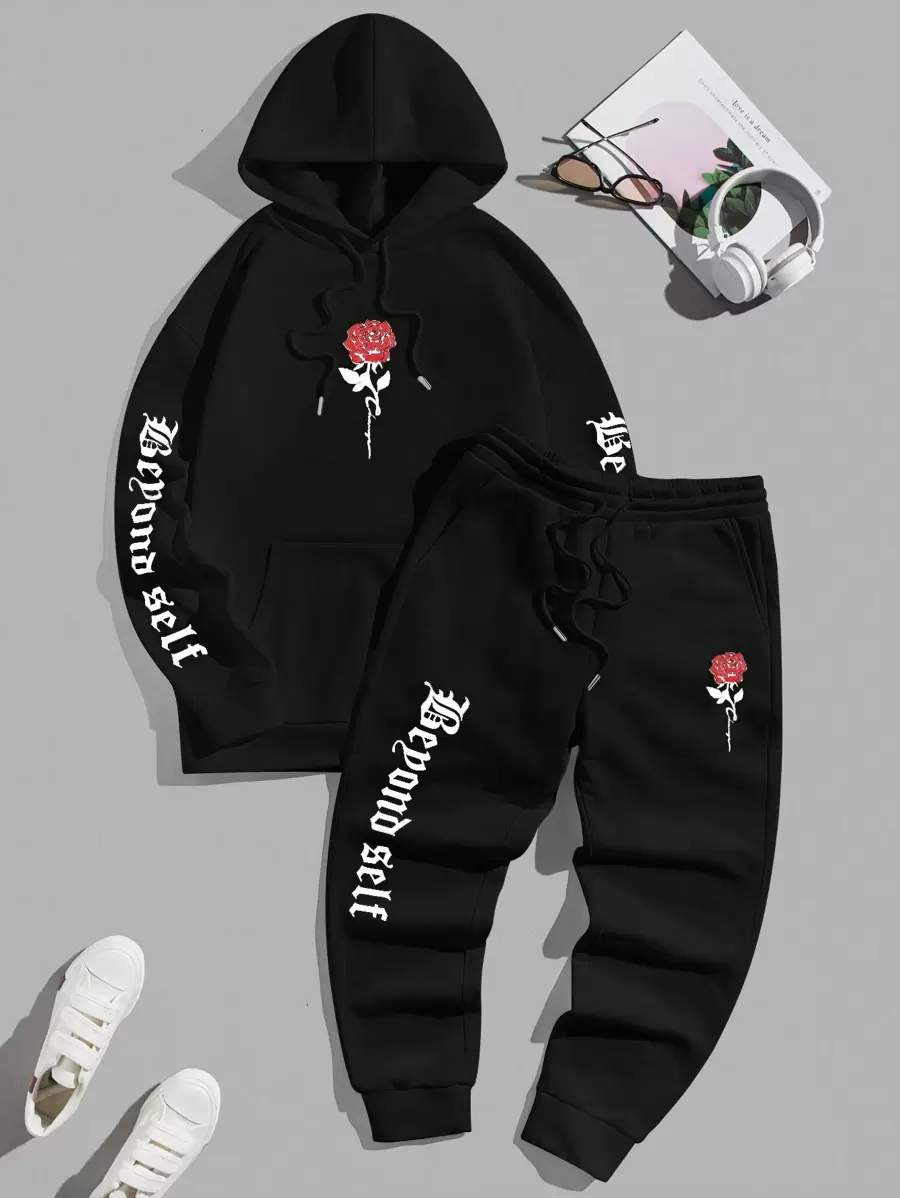 Manfinity VCAY Men Floral & Letter Graphic Drawstring Hoodie & Sweatpants - Black - View 1