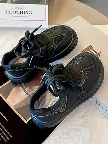 Children's Stylish Rhinestone Teenager Casual Flat Shoes With Thick Sole, Lightweight And Slip-proof - Black - View 5