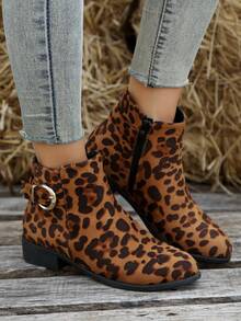 女式時尚豹紋印花靴 - 駝色 - 查看 2