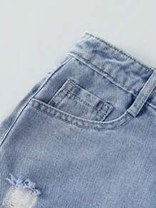 SHEIN ChillGRL Retro Streetwear Relaxed Distressed Teen Girls Blue Denim Wide Leg Jeans, School, Campus, College - Light Wash - View 4