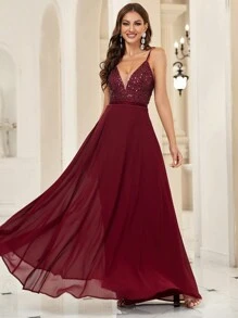 SHEIN Belle Burgundy Red Contrast Sequin Cami Formal Dress Party Dress Wedding Guest Dress Evening Dress - Burgundy - View 3