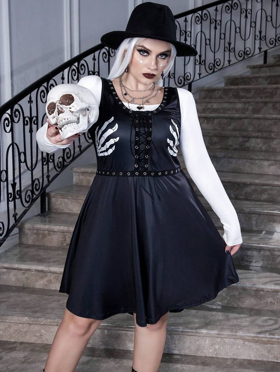 SHEIN LUNE Plus Halloween Skeleton Hand Print Lace Up Front Dress Without Tee - Black - View 1