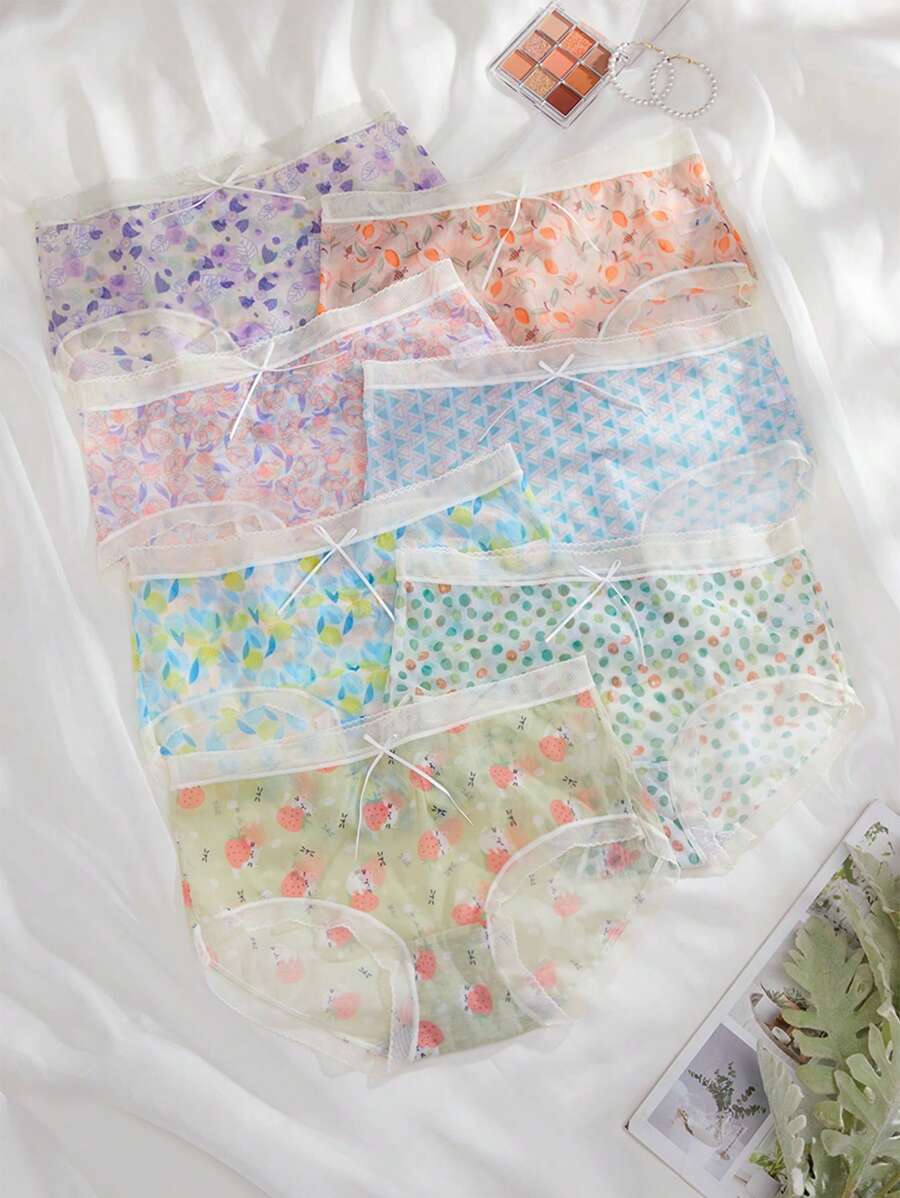 7 piezas Calzoncillos con estampado floral ribete con encaje - Multicolor - Ver 1