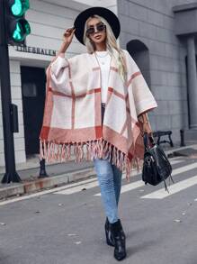 SHEIN LUNE 格紋圖案流蘇下擺蝙蝠袖斗篷開衫 - 彩色 - 查看 1