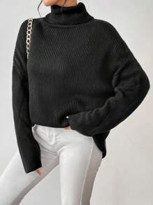 SHEIN Essnce Jersey cuello alto de hombros caídos - Negro - Ver 4