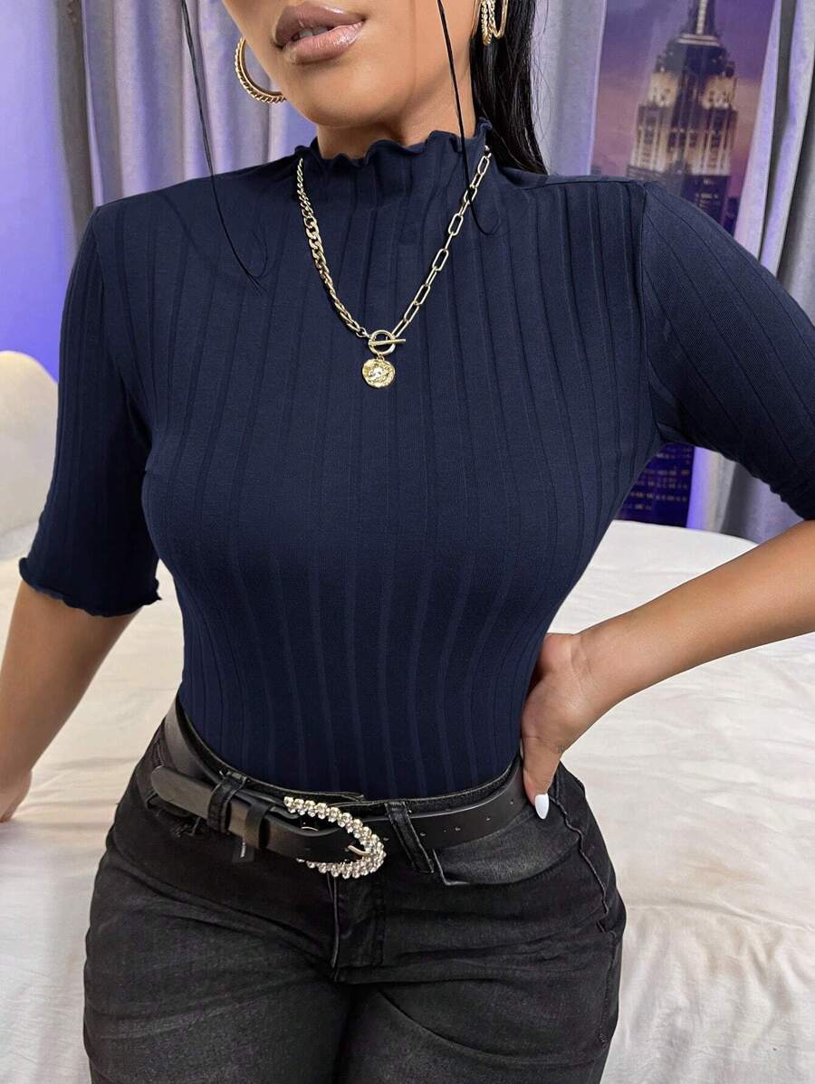 SHEIN Essnce Mock Neck Lettuce Trim Rib-knit Tee - Navy Blue - View 1