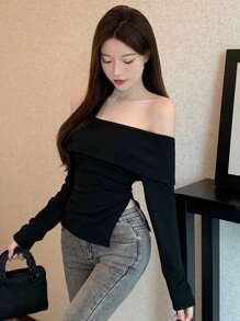 DAZY Top a maniche lunghe con spalle scoperte, orlo spaccato, tinta unita