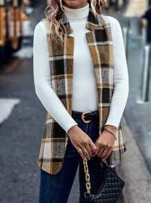 SHEIN LUNE 格紋印花開門襟馬甲西裝外套 - 棕色 - 查看 5