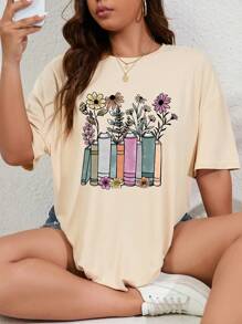 INAWLY Plus Floral Print Drop Shoulder Tee Graphic Tees Women Tops