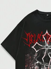 ROMWE MEN Goth Áo thun nam có họa tiết chữ & chữ thập dành cho Halloween, trường học - màu đen - Xem 6