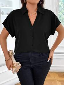 Vionelle Plus Batwing Sleeve Button Front Shirt - Black - View 6