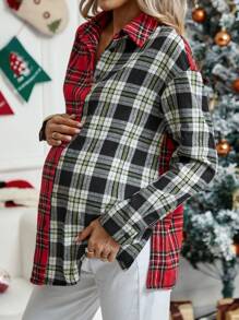 SHEIN Áo sơ mi trễ vai in họa tiết Tartan dành cho bà bầu - Nhiều màu - Xem 6