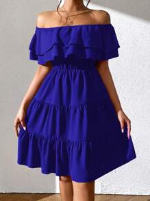 Chiquease 休閒荷葉邊 揉皺 多層分層純色女士連衣裙 - 寶藍色 - 查看 4