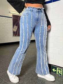 SHEIN EZwear Plus Raw Trim Flare Leg Jeans - Medium Wash - View 6