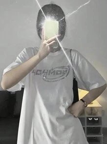 女士宽松水钻字母印花落肩T恤，夏季休闲白色 - 白色 - 查看 2