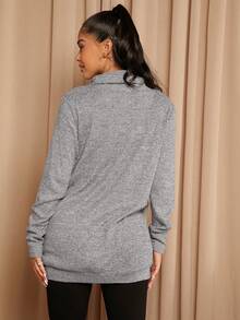 SHEIN 孕婦煙囪領側邊紐扣下擺開叉T恤 - 灰色 - 查看 2