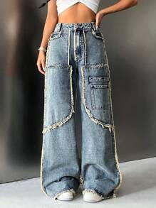 SHEIN ICON Raw Trim Wide Leg Jeans - Medium Wash - View 1