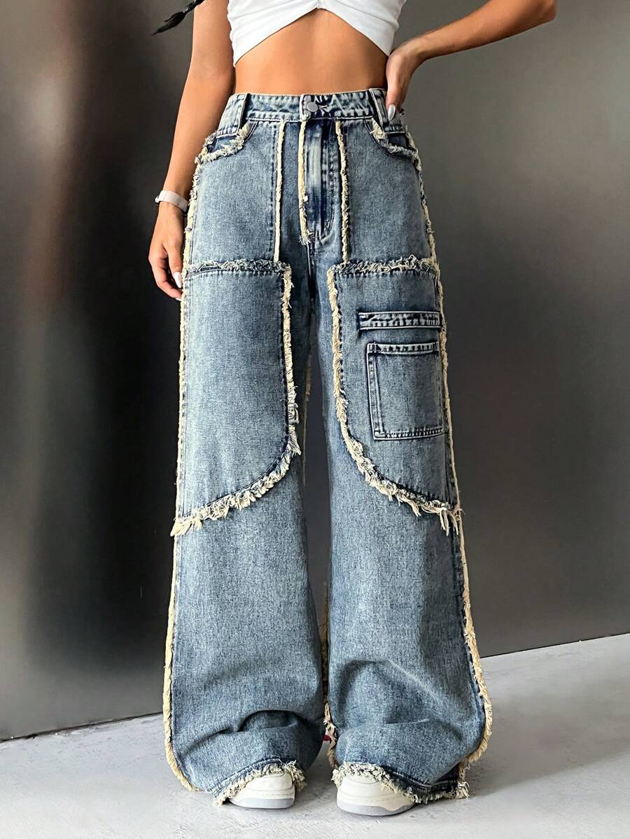 SHEIN ICON Raw Trim Wide Leg Jeans - Medium Wash - View 1