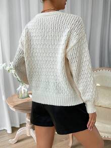 Chiquease Solid Drop Shoulder V Neck Knit Pullover Fall Winter Sweater - Beige - View 2