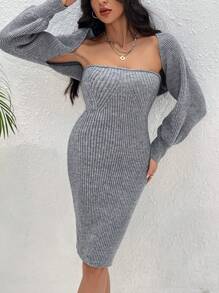 Chiquease Solid Tube Sweater Dress & Bolero - Grey - View 5