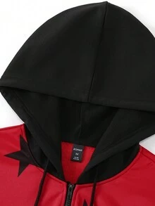 ROMWE MEN Prep Các bạn In Sao Dây kéo Dây rút Hoodie - Đỏ - Xem 4