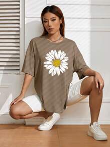 INAWLY 花卉印花落肩 T 恤 图案 T 恤 女式上衣