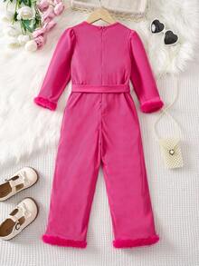 SHEIN 女小童毛茸邊腰帶連身褲 - 玫紅色 - 查看 2