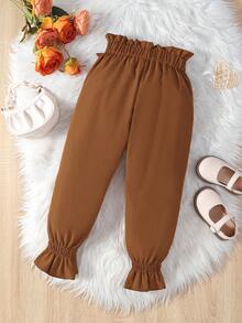 SHEIN Cô Gái Trẻ Nếp gấp cao eo Nơ mặt trước Viền Flounce Quần - màu nâu - Xem 2