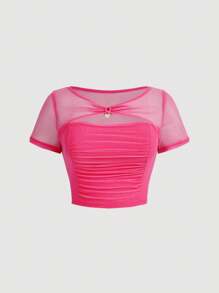 SHEIN MOD 大碼前鏤空褶邊網紗T恤 - 玫紅色 - 查看 1