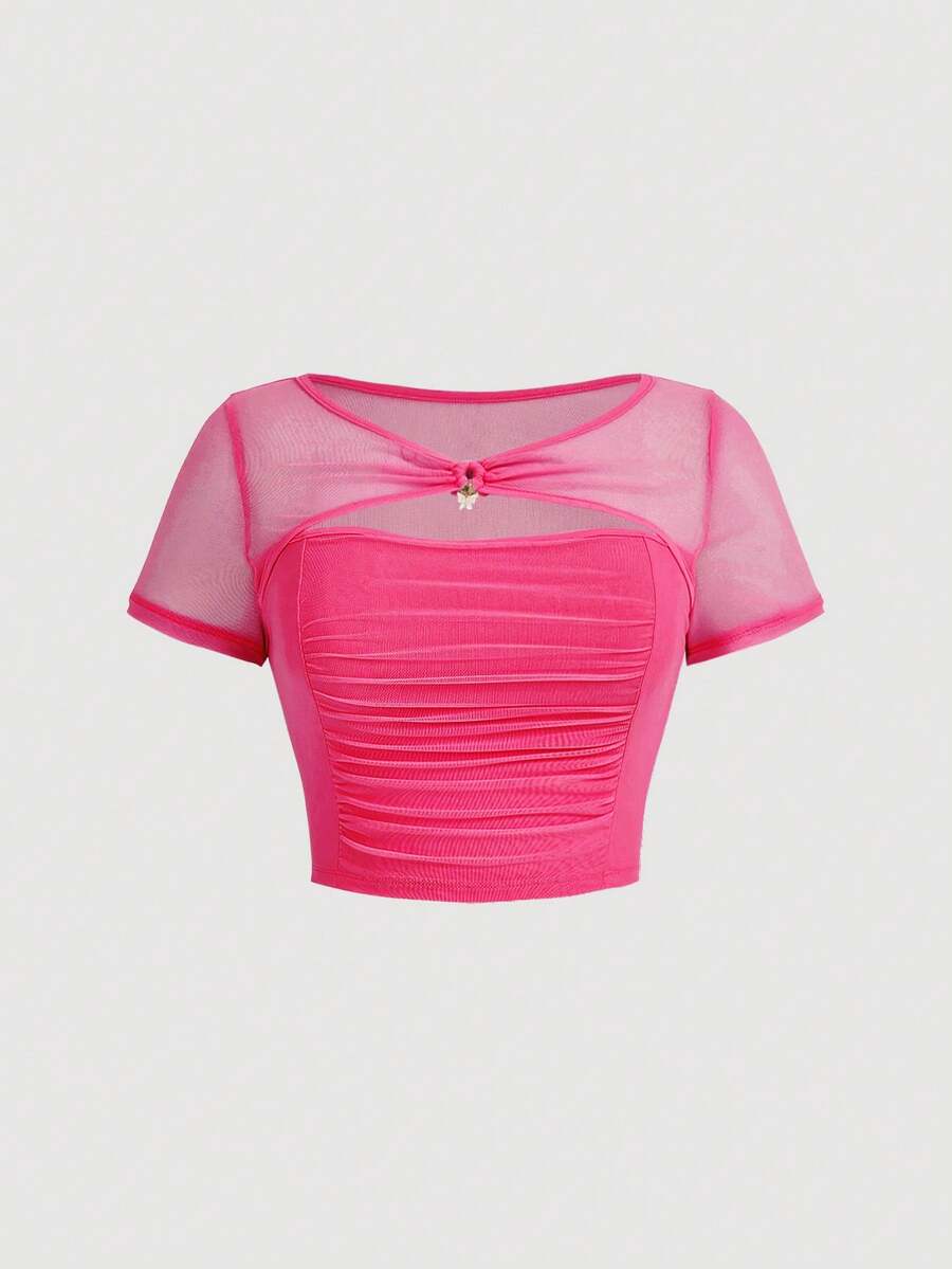 SHEIN MOD 大碼前鏤空褶邊網紗T恤 - 玫紅色 - 查看 1