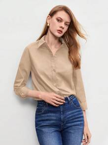 BizChic 素色前紐扣襯衫 - 卡其色 - 查看 8