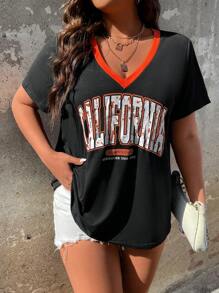 Flirla Áo thun Plus size Tương phản ràng buộc Lá thư Giải trí - màu đen - Xem 7