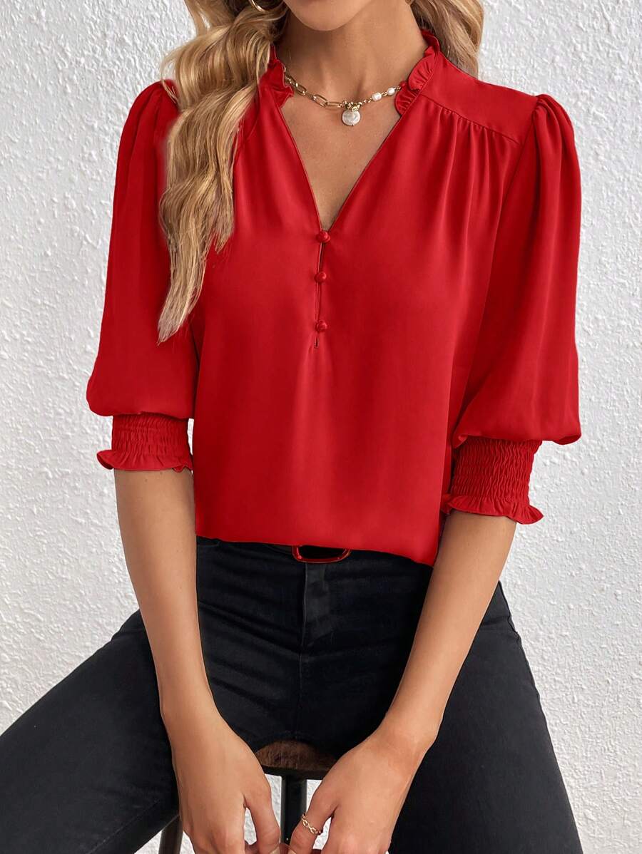 SHEIN Privé Blusa con escote en pico y mangas abultadas, Top de manga tres cuartos - Rojo - Ver 1