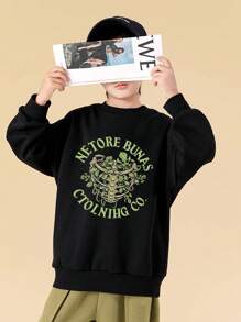 Chico preadolescente Pullover con estampado de letra y esqueleto de hombros caídos - Negro - Ver 3