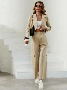 SHEIN Essnce Lapel Neck Crop Blazer & Flap Pocket Wide Leg Pants - Apricot - View 5
