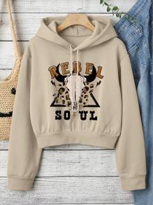 SHEIN Essnce 豹紋&字母圖案加絨內裏抽繩短款連帽衫 - 卡其色 - 查看 1