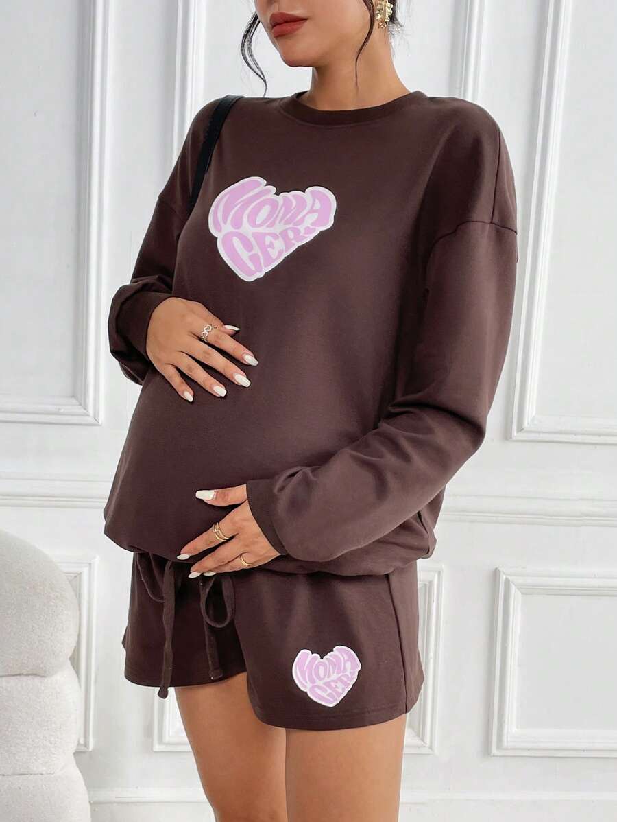 SHEIN Maternity Heart & Letter Graphic Drop Shoulder Pullover & Drawstring Waist Shorts - Chocolate Brown - View 1