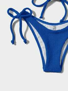 交叉綁帶三角泳衣套裝，頸掛式，可調節兩側泳裝 - 寶藍色 - 查看 3