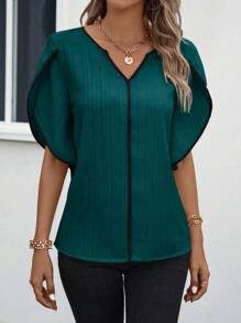 SHEIN Clasi Contrast Binding Petal Sleeve Notched Neck Blouse - Dark Green - View 6