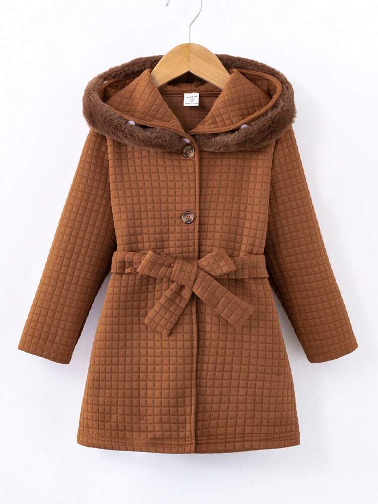 Young Boy Fuzzy Trim Hooded Belted Quilted Coat