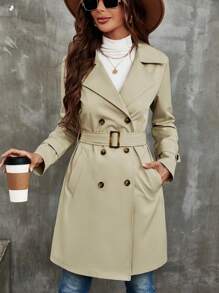 SHEIN LUNE Đôi ngực Thắt lưng Áo khoác Trench - Màu Khaki - Xem 1