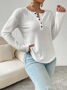 SHEIN Essnce 半排扣華夫格編織落肩袖弧形下擺T恤 - 白色 - 查看 4