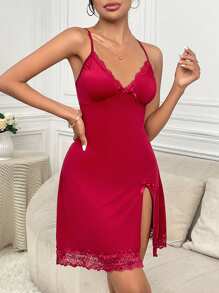 Elegant Solid Color Lace Trim Slit Camisole Nightgown